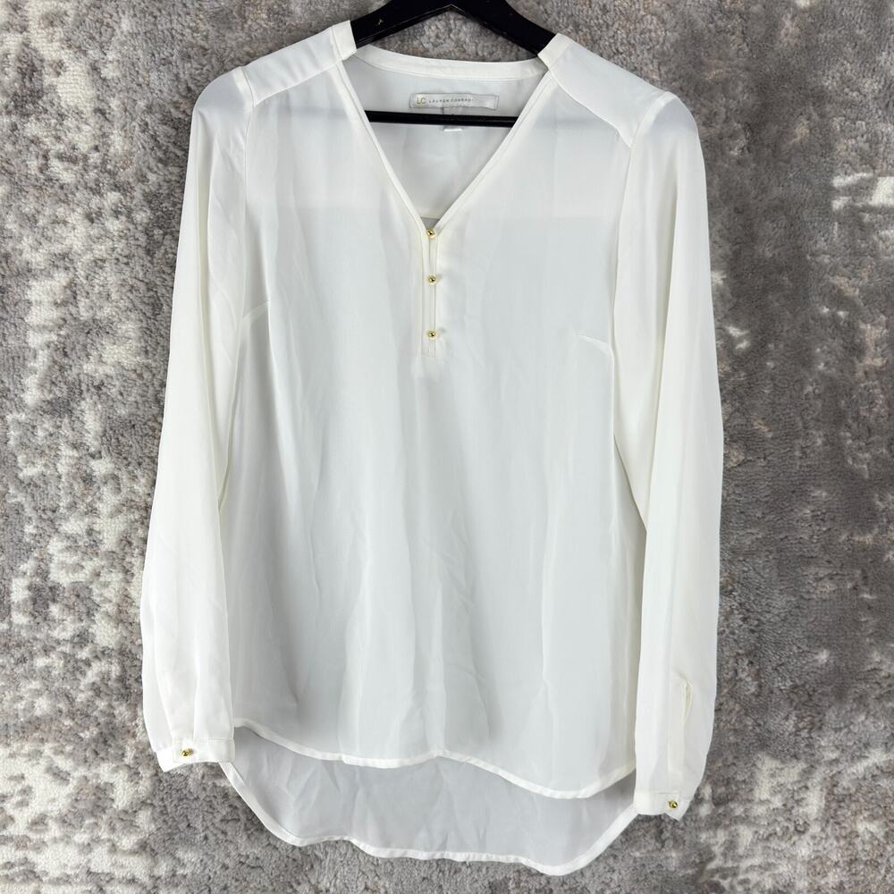 Lauren Conrad Size S Casual V Neck Button Top White Long‎ Sleeve Pullover